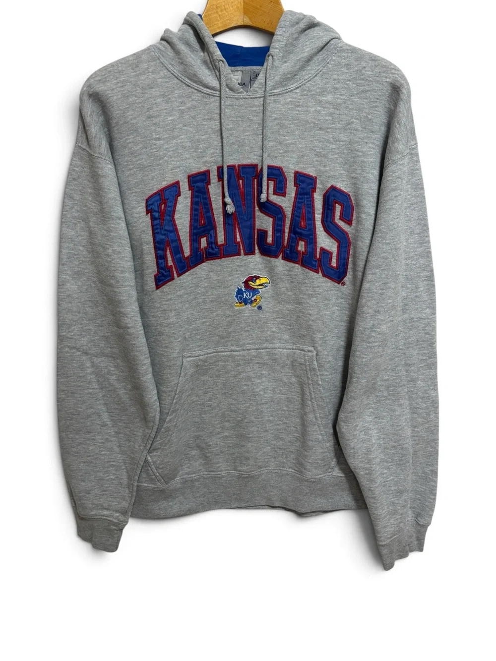 University of Kansas Y2K Hoodie Gray Unisex KANSAS Logo Pouch J. America Size L